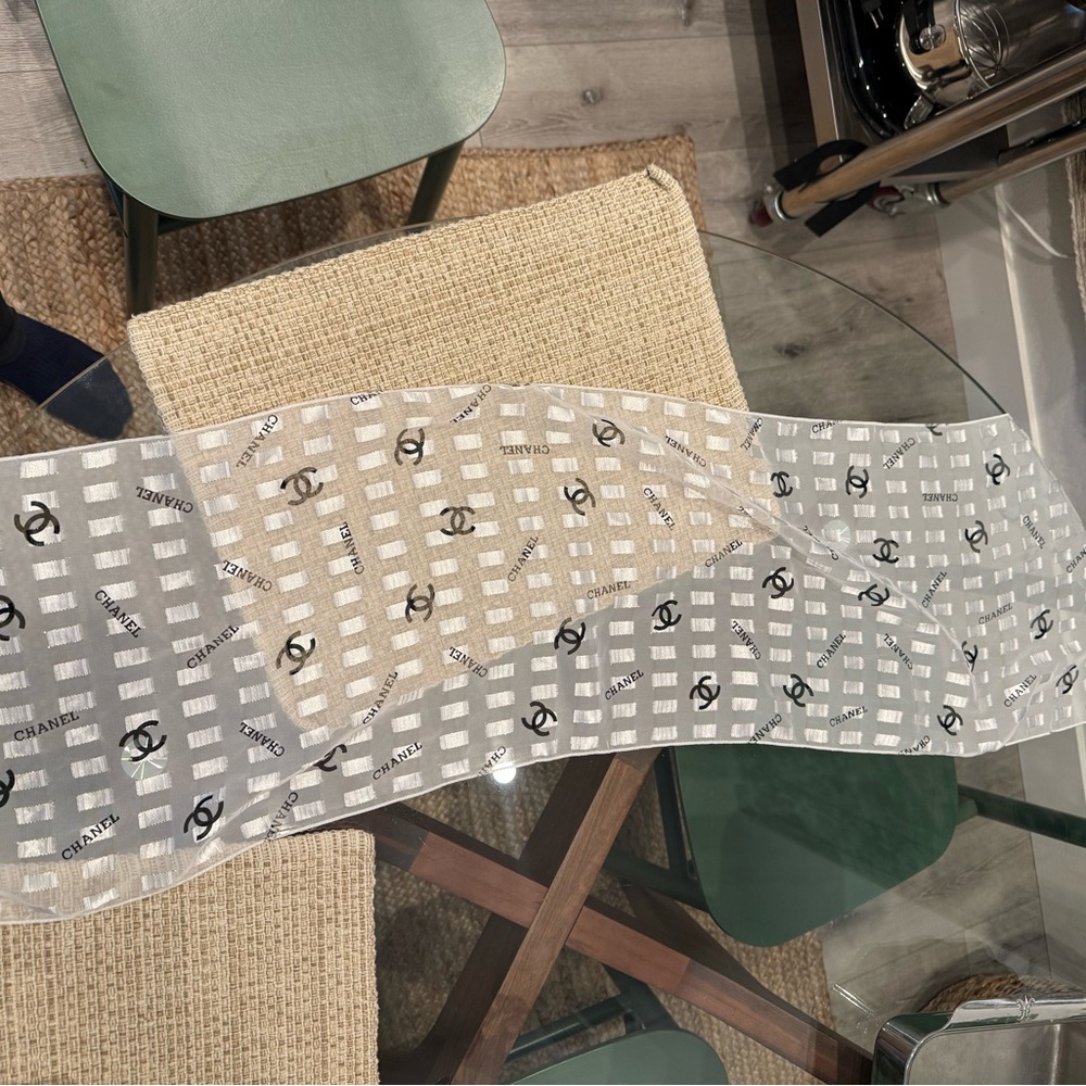 CHANEL White and Black Logo Sheer Silk Scarf - Picture 3 of 3